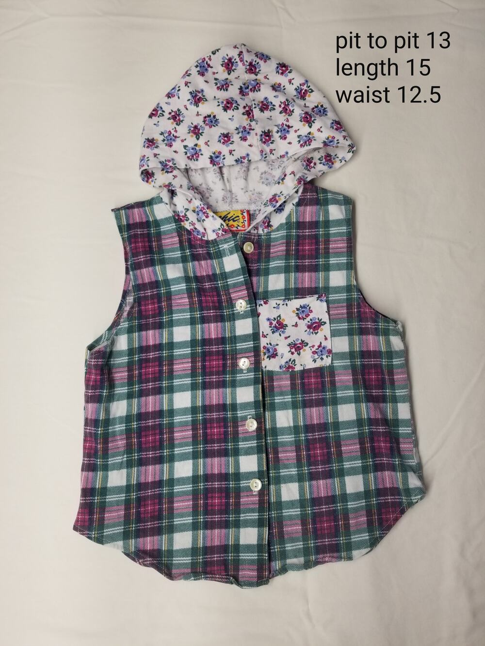 Vintage CHIC Plaid Floral Sleeveless Hooded Shirt Vest Girls 6